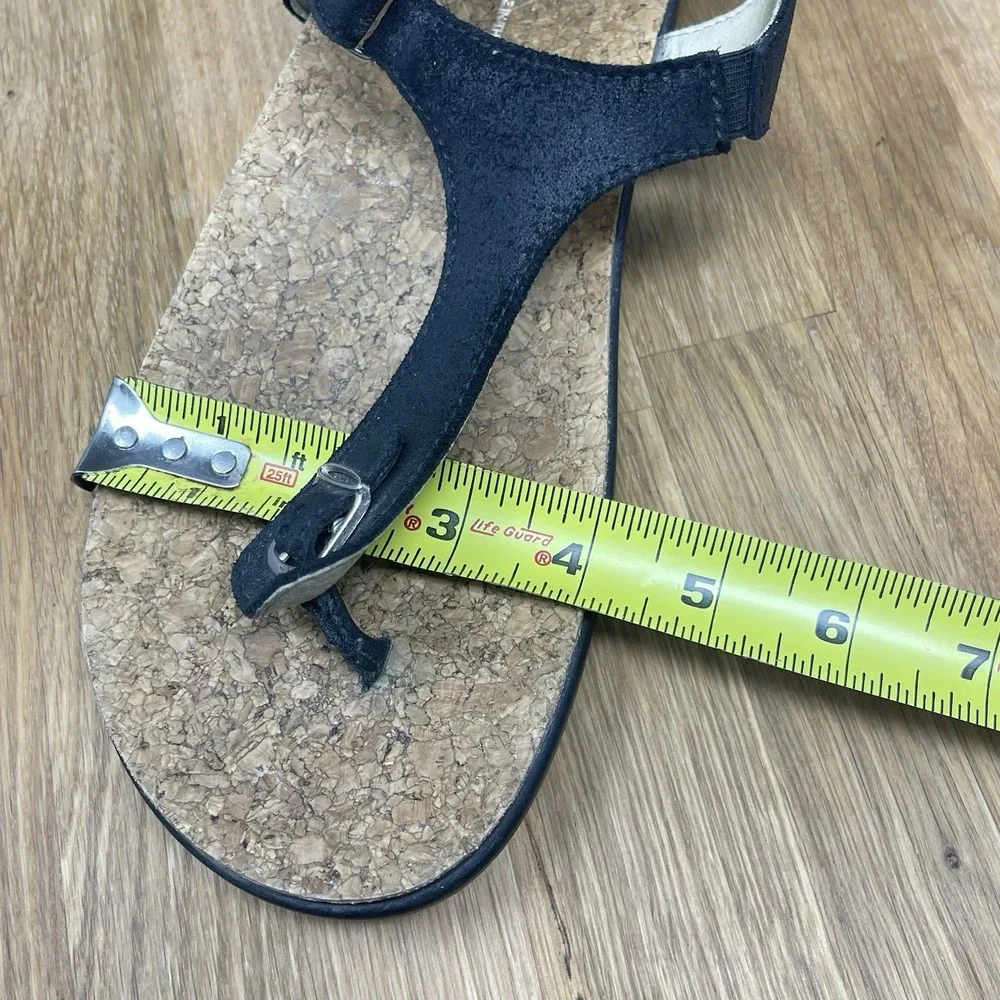 SAS Marina Sandals Womens 9.5 W Black Leather T-Strap Wide Cork Bed Thong Shoes‎